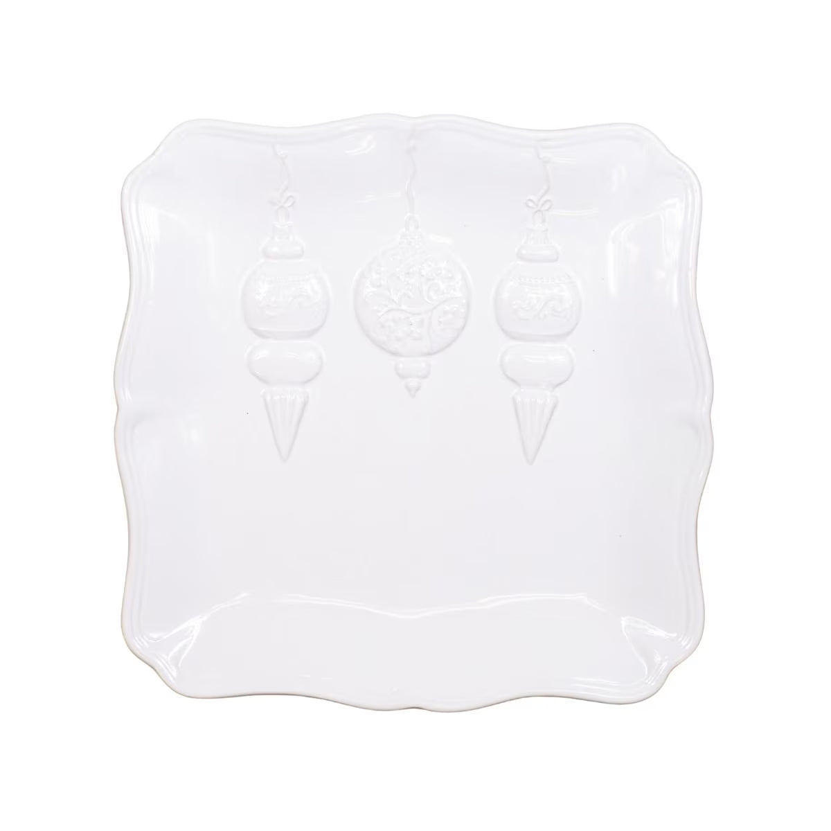 A white ceramic serving platter with a scalloped edge and embossed hanging ornament designs, shown on a plain white background.