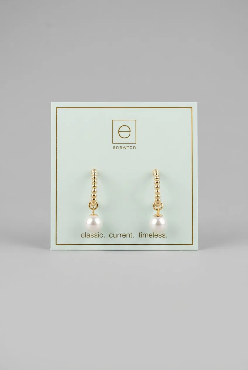 Beaded Classic 1" Post Hoop Earring - 2mm Gold - Classic Pearl 8mm Charm