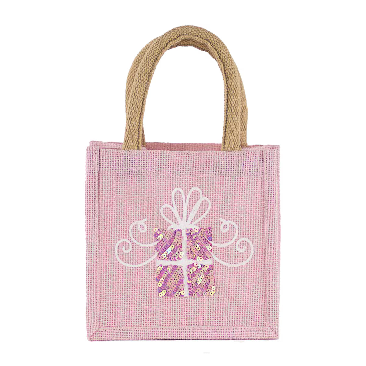 A small pink jute gift bag with two tan rope handles and a white bow graphic above a glittery gift box design on the front, shown against a plain white background.