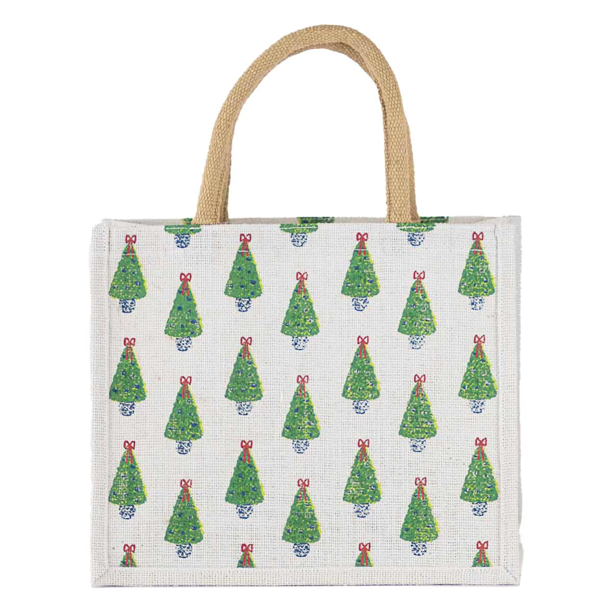 A canvas tote bag with a natural beige jute handle, featuring a repeating pattern of green Christmas trees with red bows and blue ornaments on a white background.