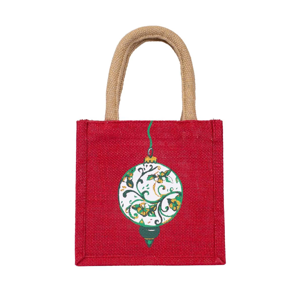 A red jute tote bag with natural tan handles and a decorative Christmas ornament graphic on the front, shown against a plain white background.