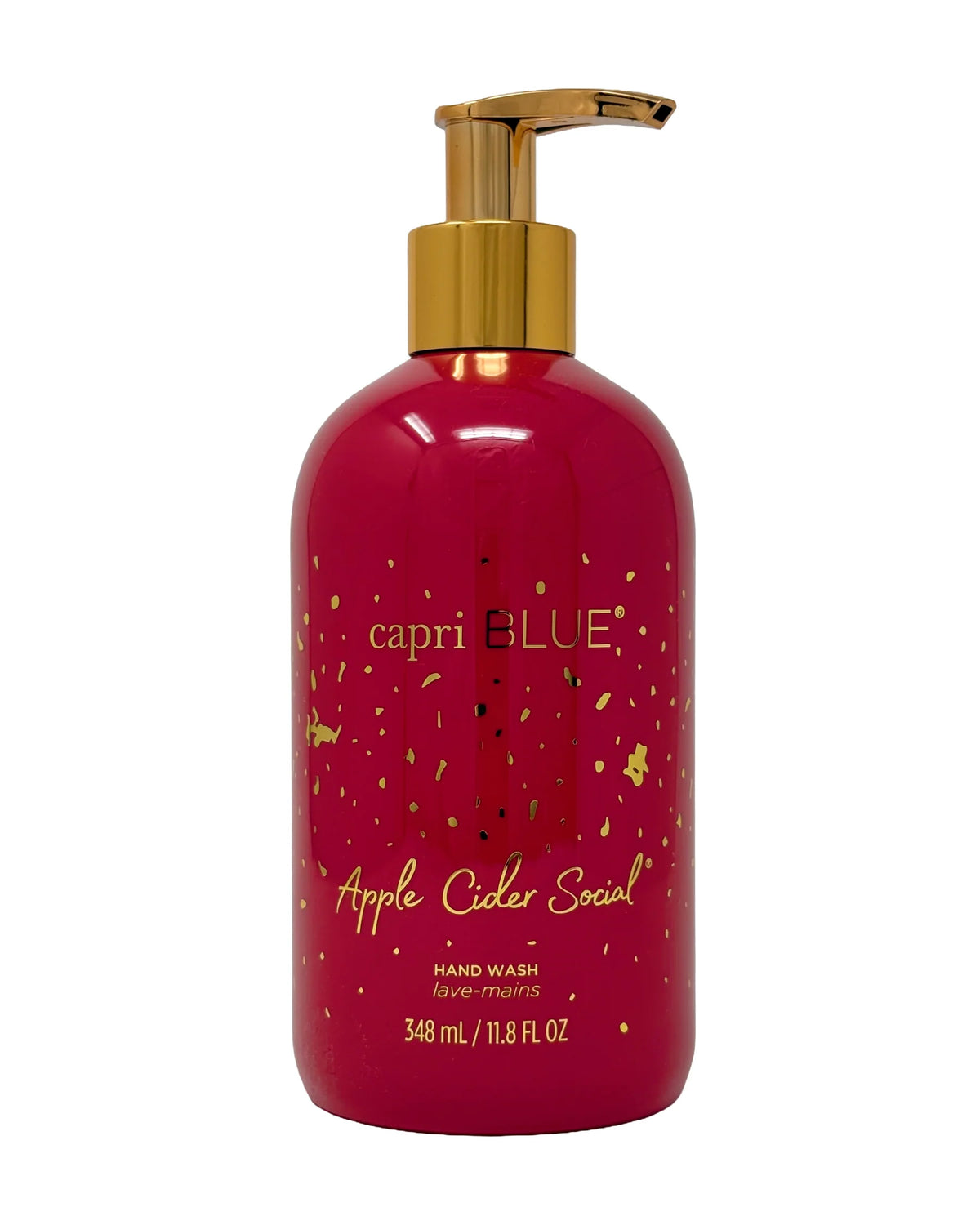 Red hand wash bottle with gold pump and 'capri BLUE' branding on a white background