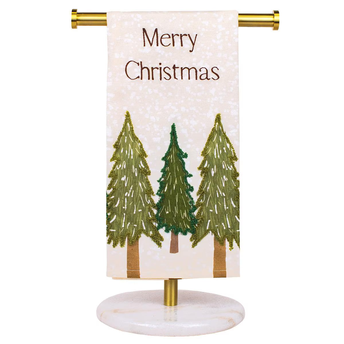 A vertical Christmas banner flag with a white glittery background, featuring the text 'Merry Christmas' in brown and three green pine tree illustrations. The banner is displayed on a gold metal stand with a round white marble base, set against a plain white background.