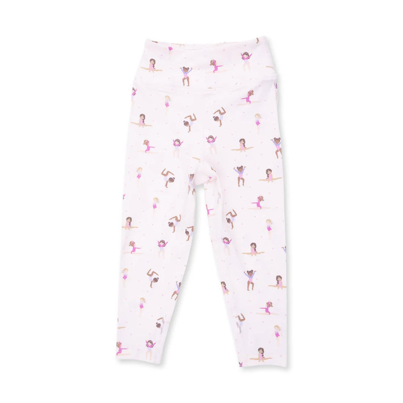 White leggings with an all-over print of small ballerina figures in pink, purple, and brown, shown flat against a white background.