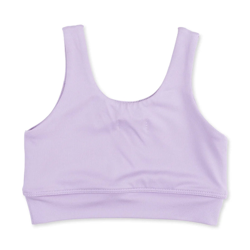 A light purple sports bra with wide shoulder straps and a wide underband, shown flat against a white background.