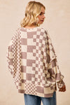 Checker Print Washed Cut Edge Detail Oversized Waffle Thermal Sweatshirt