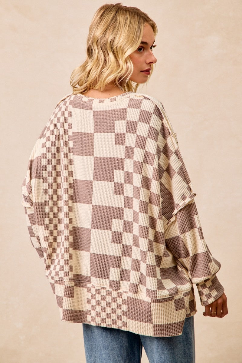 Checker Print Washed Cut Edge Detail Oversized Waffle Thermal Sweatshirt