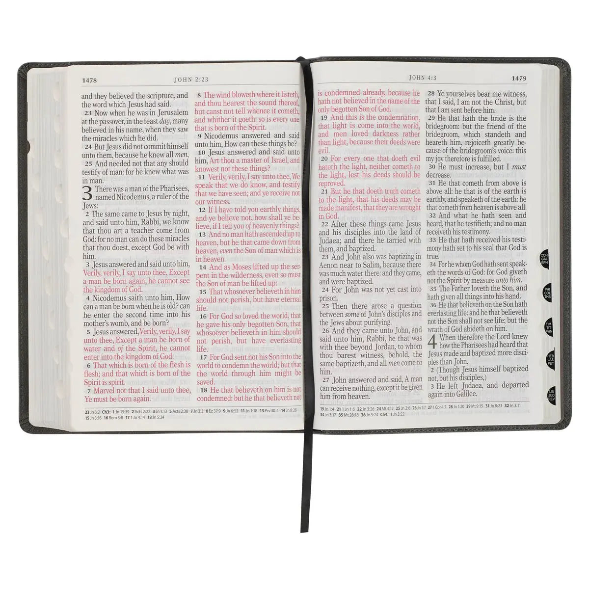 Open Bible with text and red highlights on a white background
