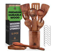 12 pcs Wooden Utensils Set with Holder, Spoon Rest & Hooks