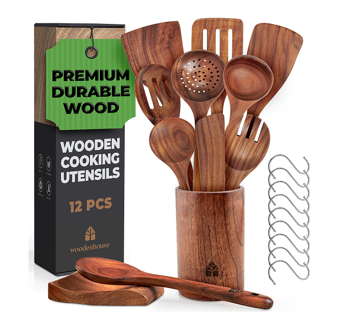 12 pcs Wooden Utensils Set with Holder, Spoon Rest & Hooks