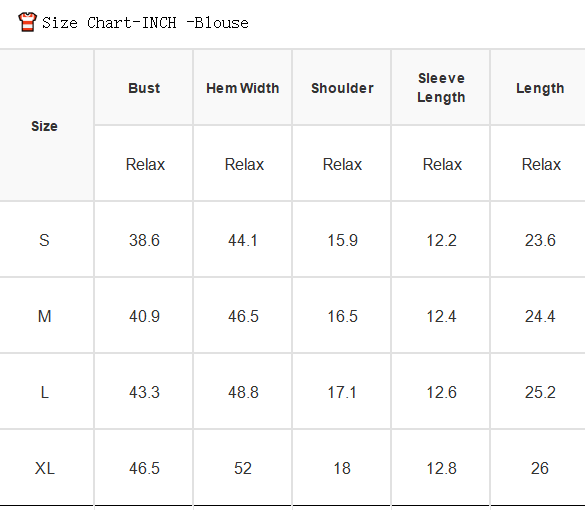 Size chart for blouses in inches with measurements for bust, hem width, shoulder, sleeve length, and length.