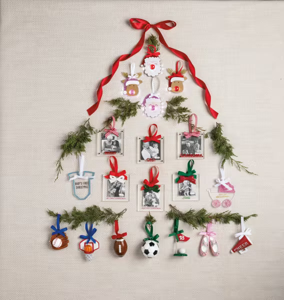 Collection of ornaments in the shape of Christmas tree on a white background