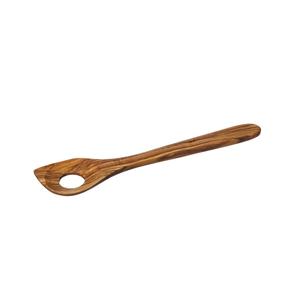 A wooden spoon with a circular cutout in the bowl, featuring a natural olive wood grain pattern in warm brown tones, isolated on a white background.