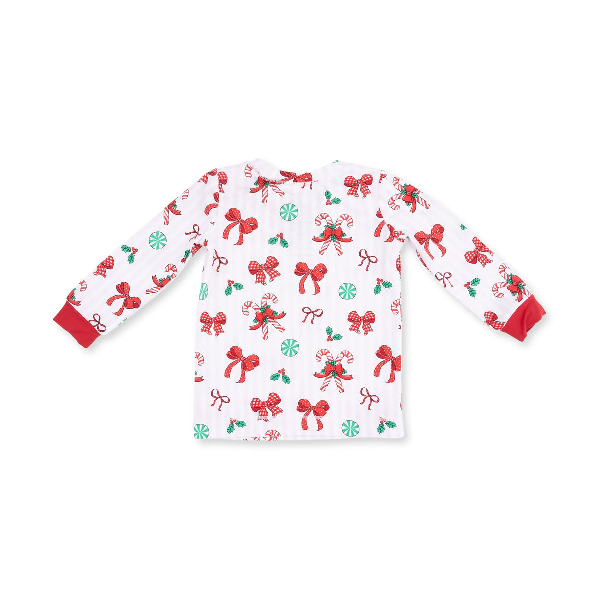 A long-sleeve white pajama top with a festive Christmas print featuring red bows, green holly leaves, candy canes, and snowflakes, finished with solid red cuffs.