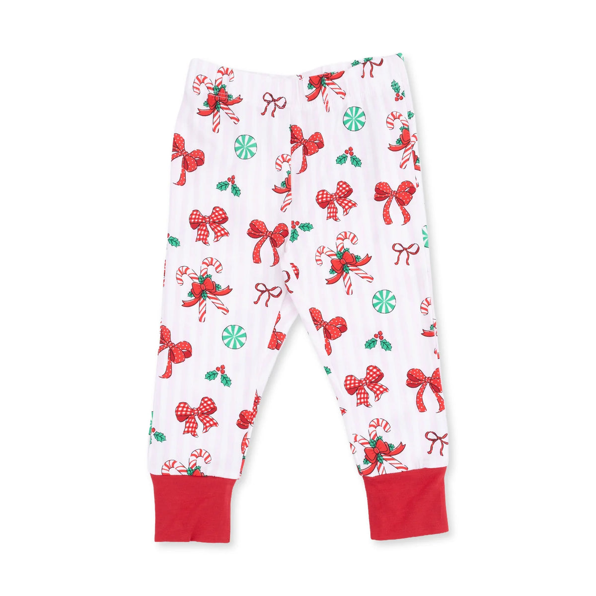 White Christmas-themed pajama pants with an all-over print of red bows, candy canes, holly, and green peppermint candies, finished with solid red ankle cuffs.