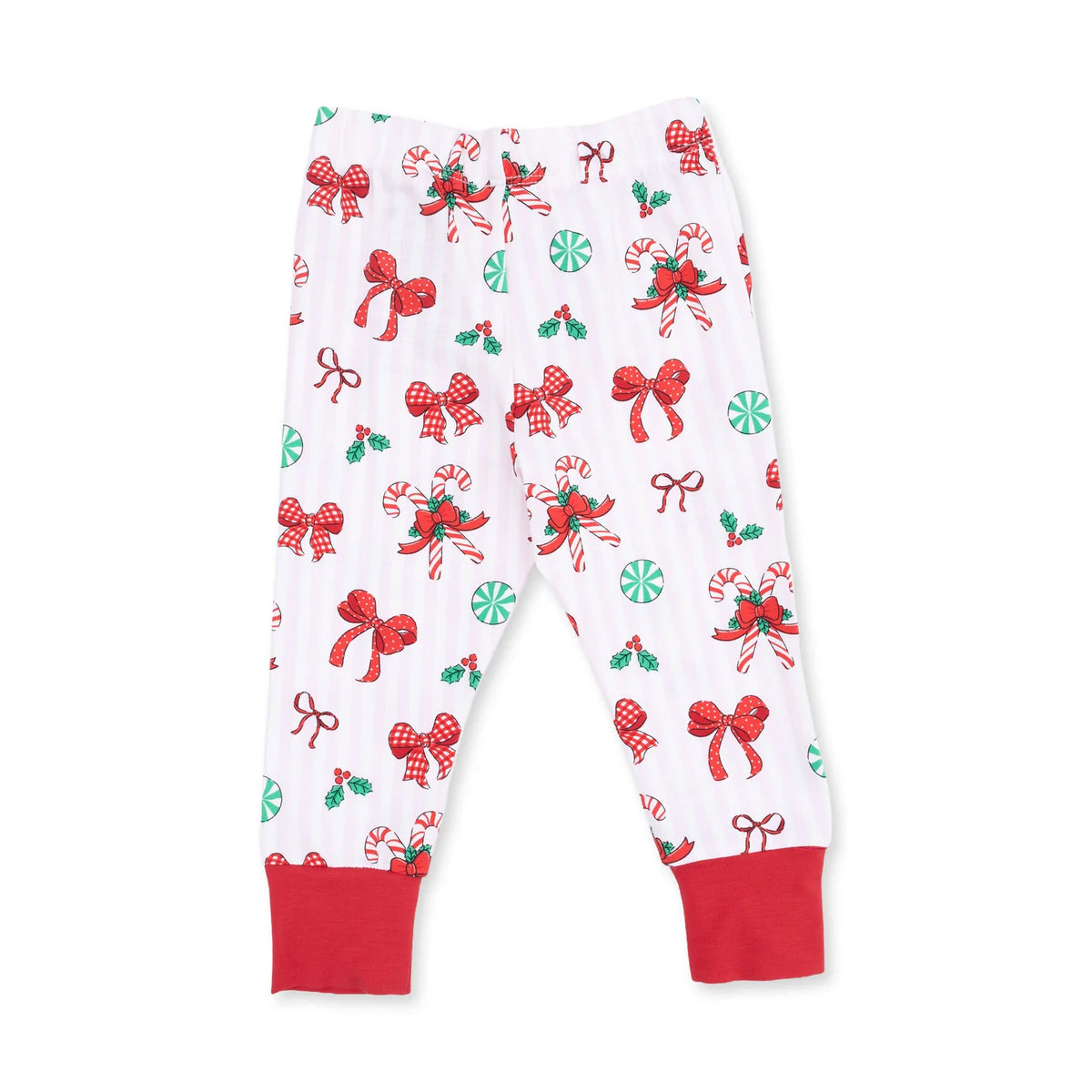 White children's pajama pants with a festive Christmas print featuring red bows, candy canes, holly, and green candy canes, finished with solid red ankle cuffs.