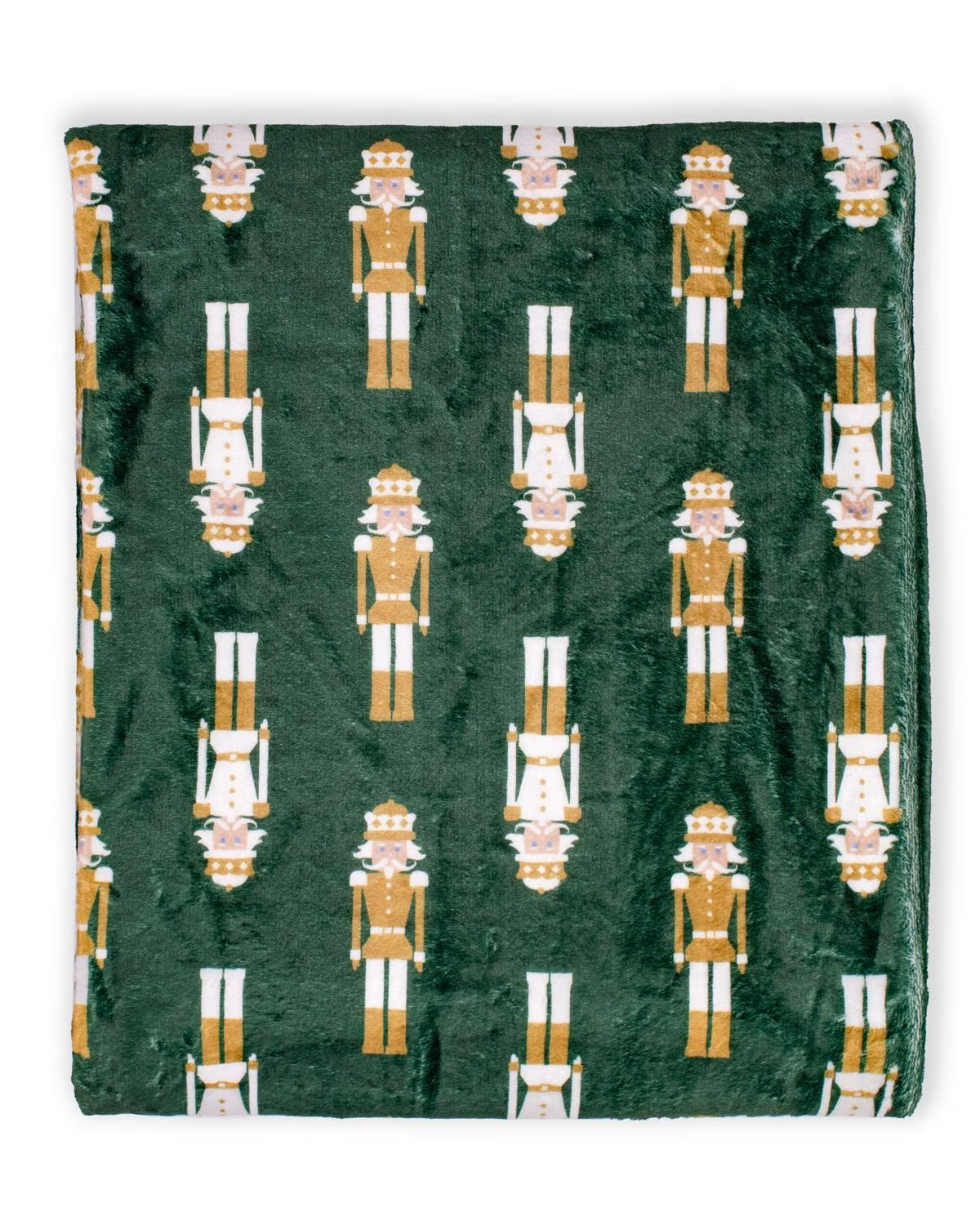 A dark green plush blanket featuring a repeating pattern of gold and white nutcracker figures, shown flat against a white background.