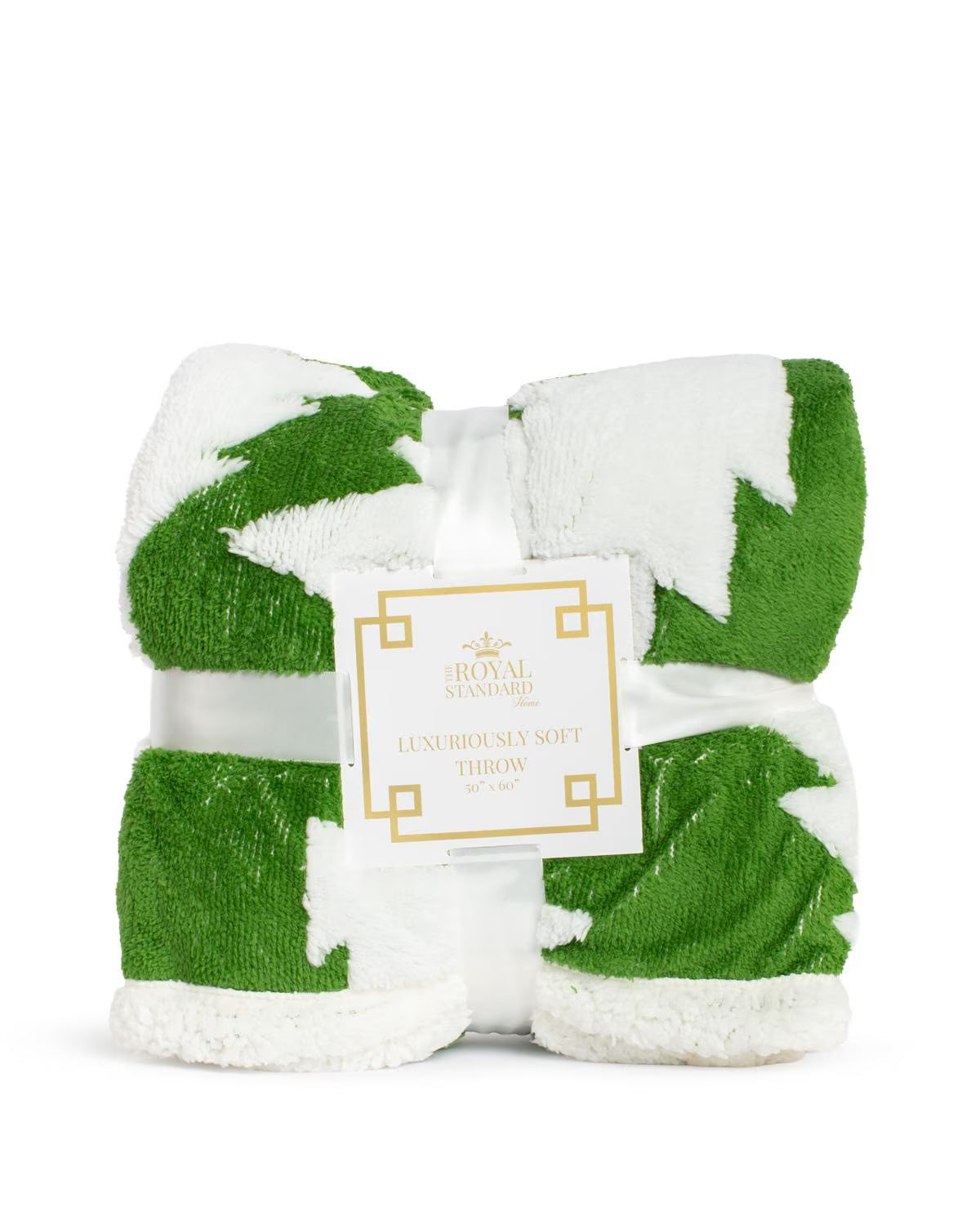 Green and white patterned throw blanket with a brand label on a white background