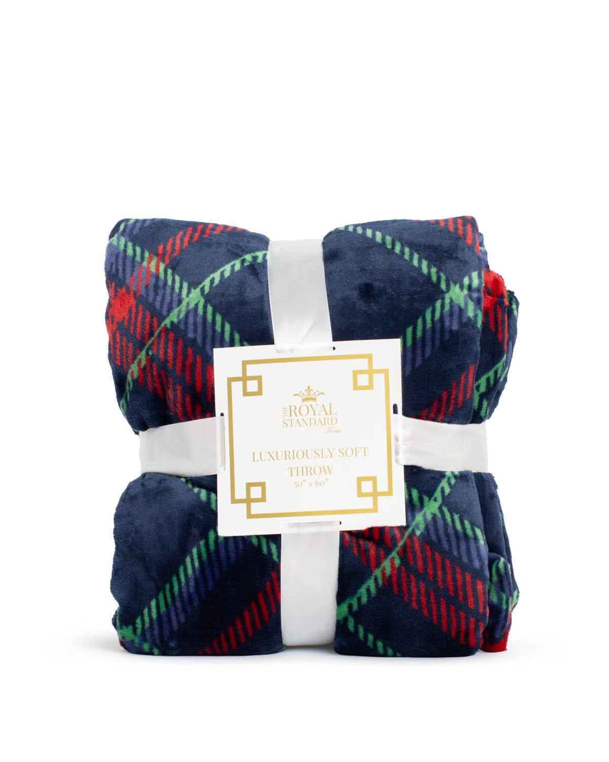 Folded plaid throw blanket with a brand tag on a white background