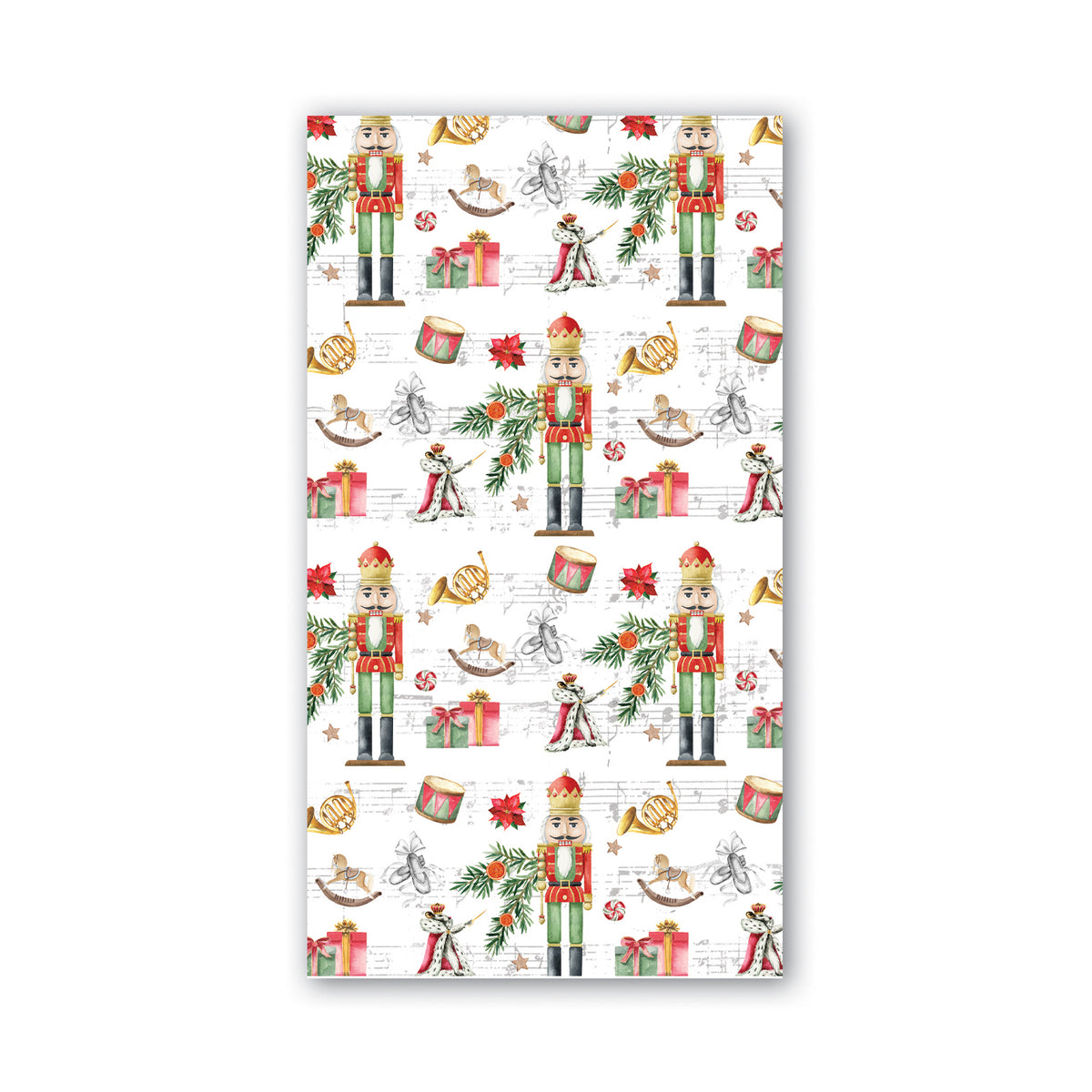 A rectangular napkin featuring a festive Christmas nutcracker pattern on a white background, surrounded by a clean white border.