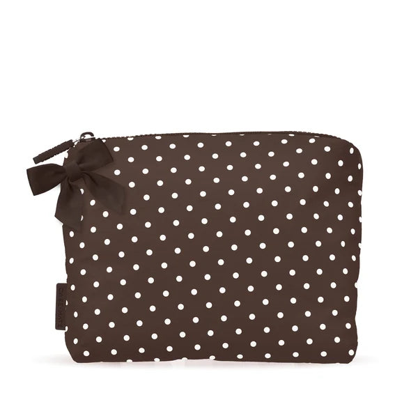 Crinkle Makeup Bag-Espresso Polka Dot Bow