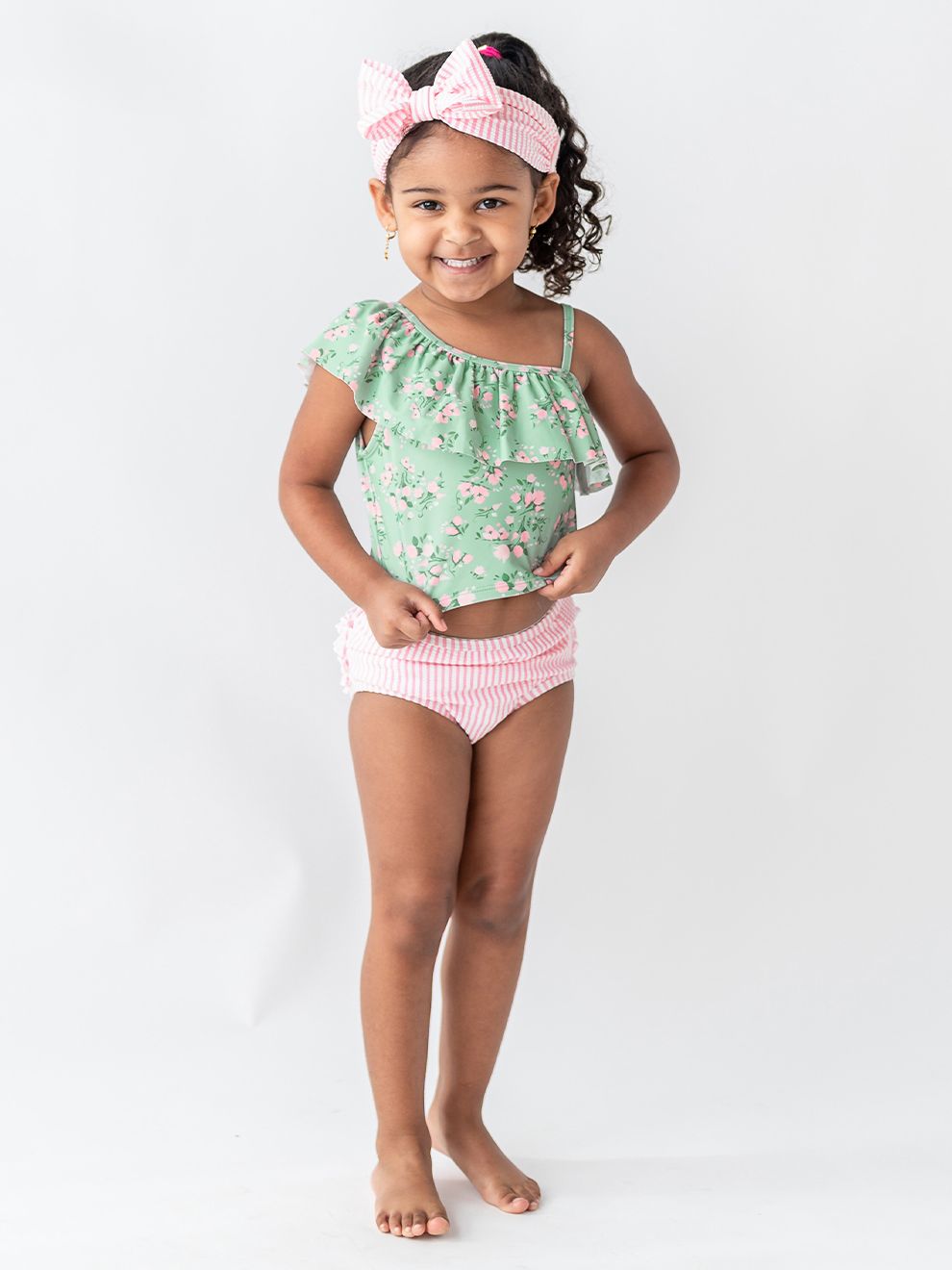 Girls Pink Seersucker Swim Bow Headband- Pink & White