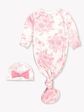 Knotted Sleep Gown & Hat - Bubblegum Pink Butterfly Garden