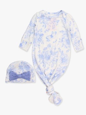 Knotted Sleep Gown & Hat - Periwinkle Blue Butterfly Garden