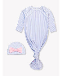 Periwinkle & White Micro Stripe Ruffle Knotted Sleep Gown & Hat Set