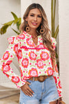 Floral V Neck Casual Shift Blouse: Rose