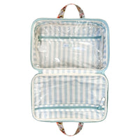 Clear travel bag with blue and white striped pattern on a white background