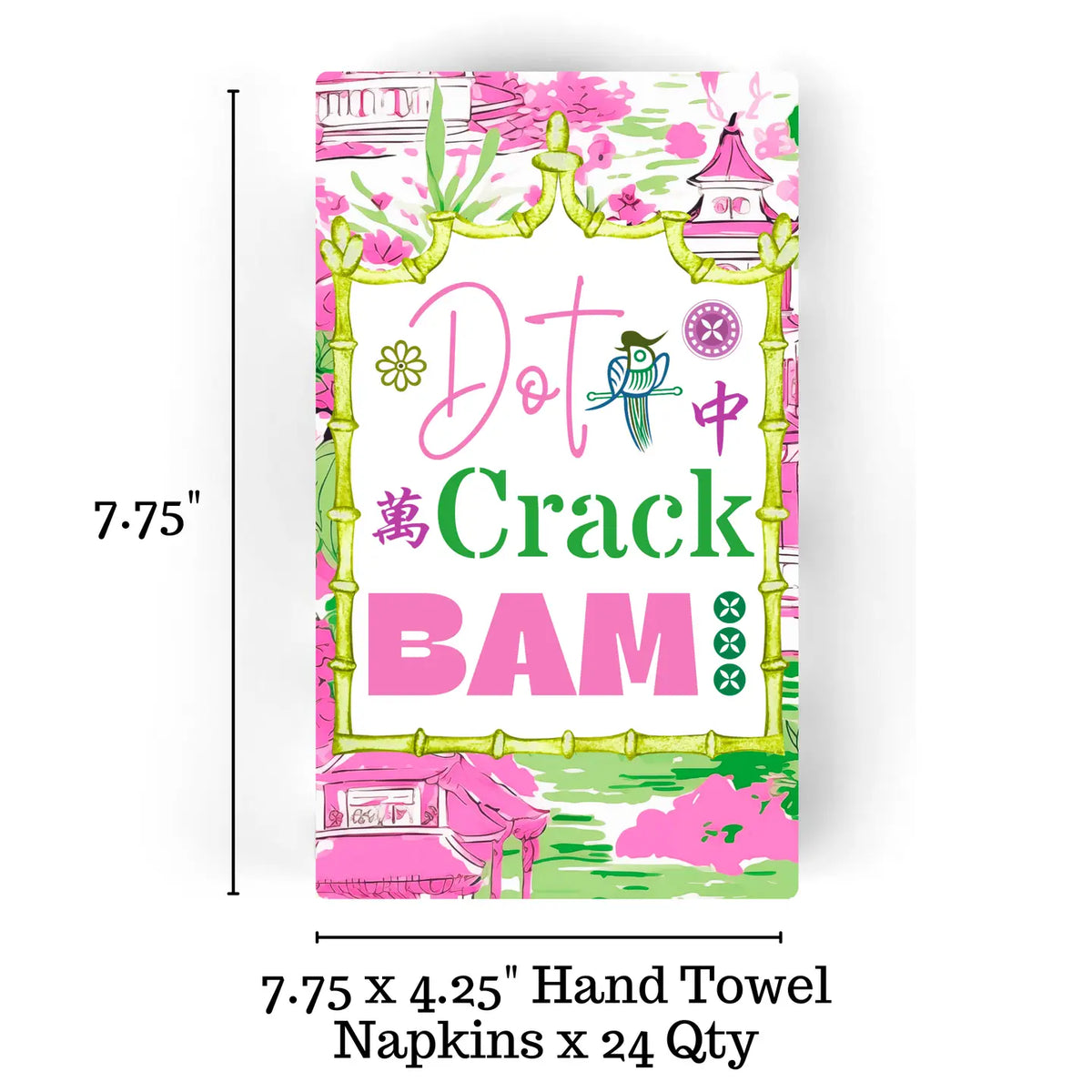 Packaging of Dot Crack BAM hand towels and napkins with decorative design and measurements.