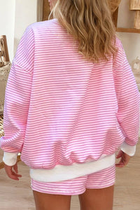 Stripe Oversize Mock Neck Sweatshirt and Shorts Set (S-XL): Light Pink / Missy