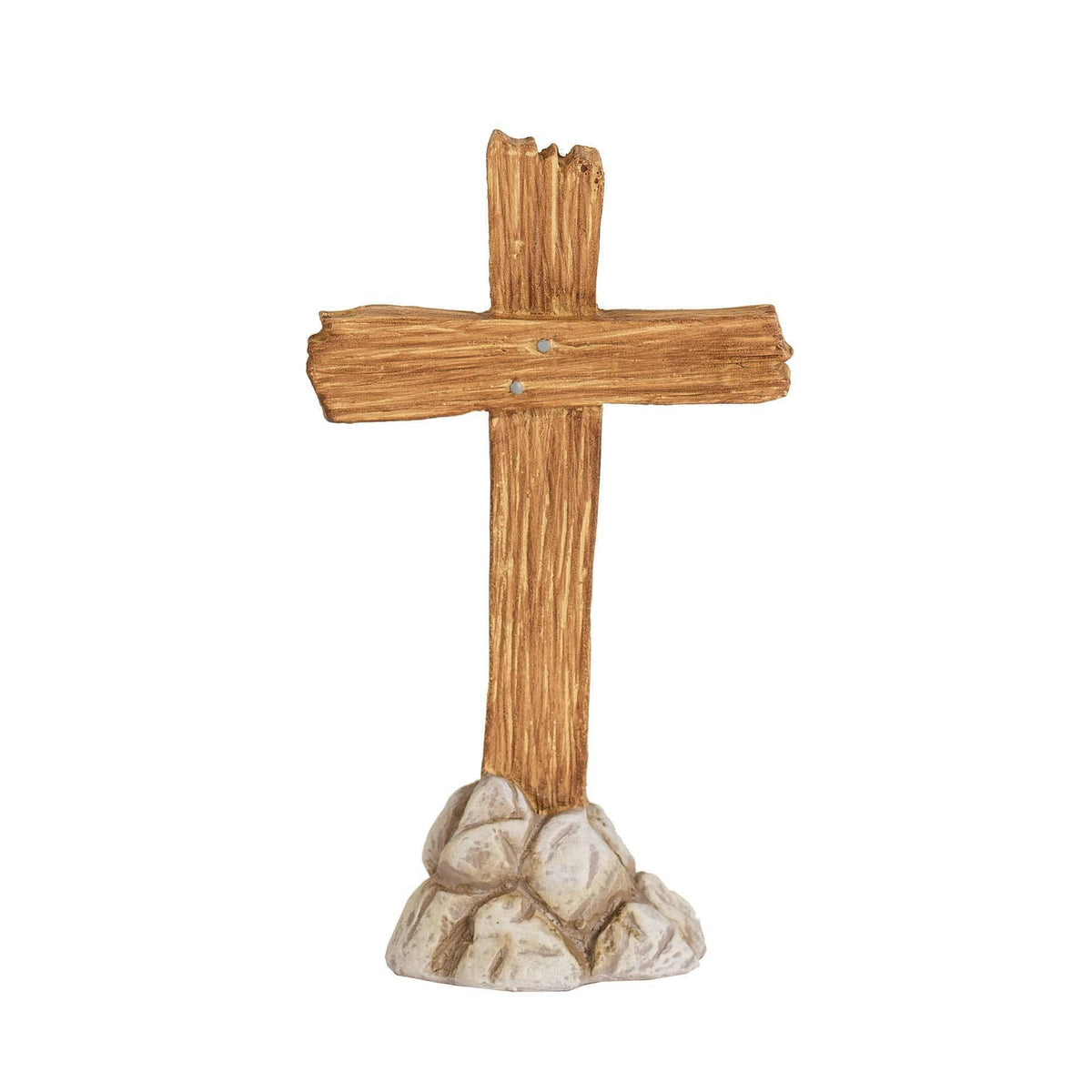 Wooden cross on a stone base against a white background
