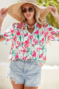 Floral Print Striped Detail Split Neck Blouse: Pink