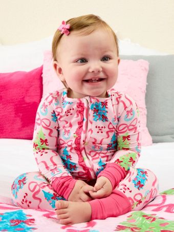 Merry & Bright Christmas Bows Convertible Ruffle Footie Pajamas