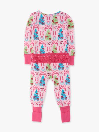 Merry & Bright Christmas Bows Convertible Ruffle Footie Pajamas