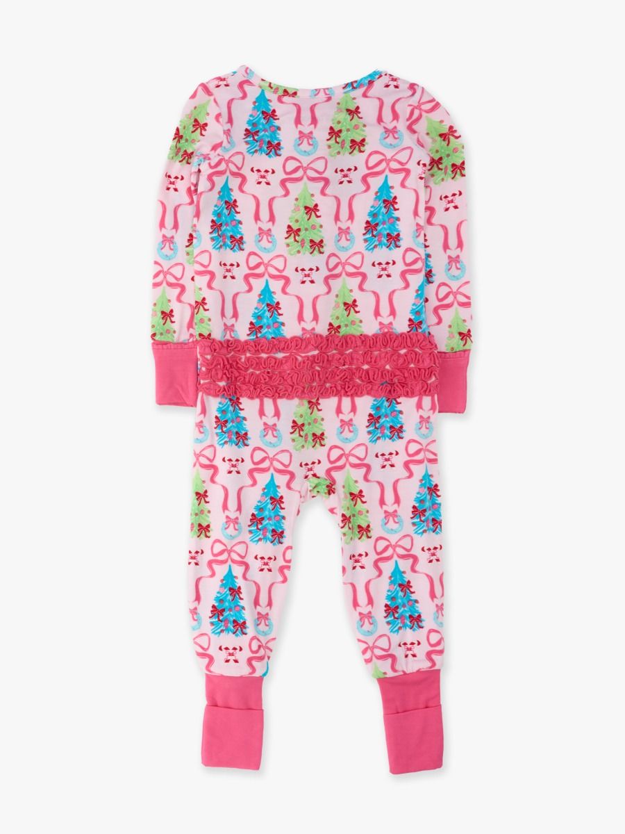 Merry & Bright Christmas Bows Convertible Ruffle Footie Pajamas