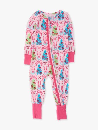 Merry & Bright Christmas Bows Convertible Ruffle Footie Pajamas