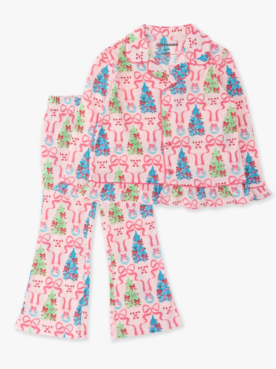 A two-piece girls' pajama set featuring a festive Christmas print with pink bows, green and blue Christmas trees, and snowman faces on a white background.