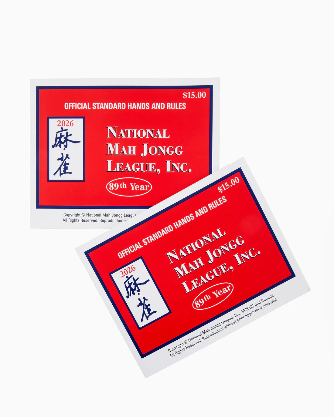 Two red and white boxes of National Mah Jongg League cards on a white background