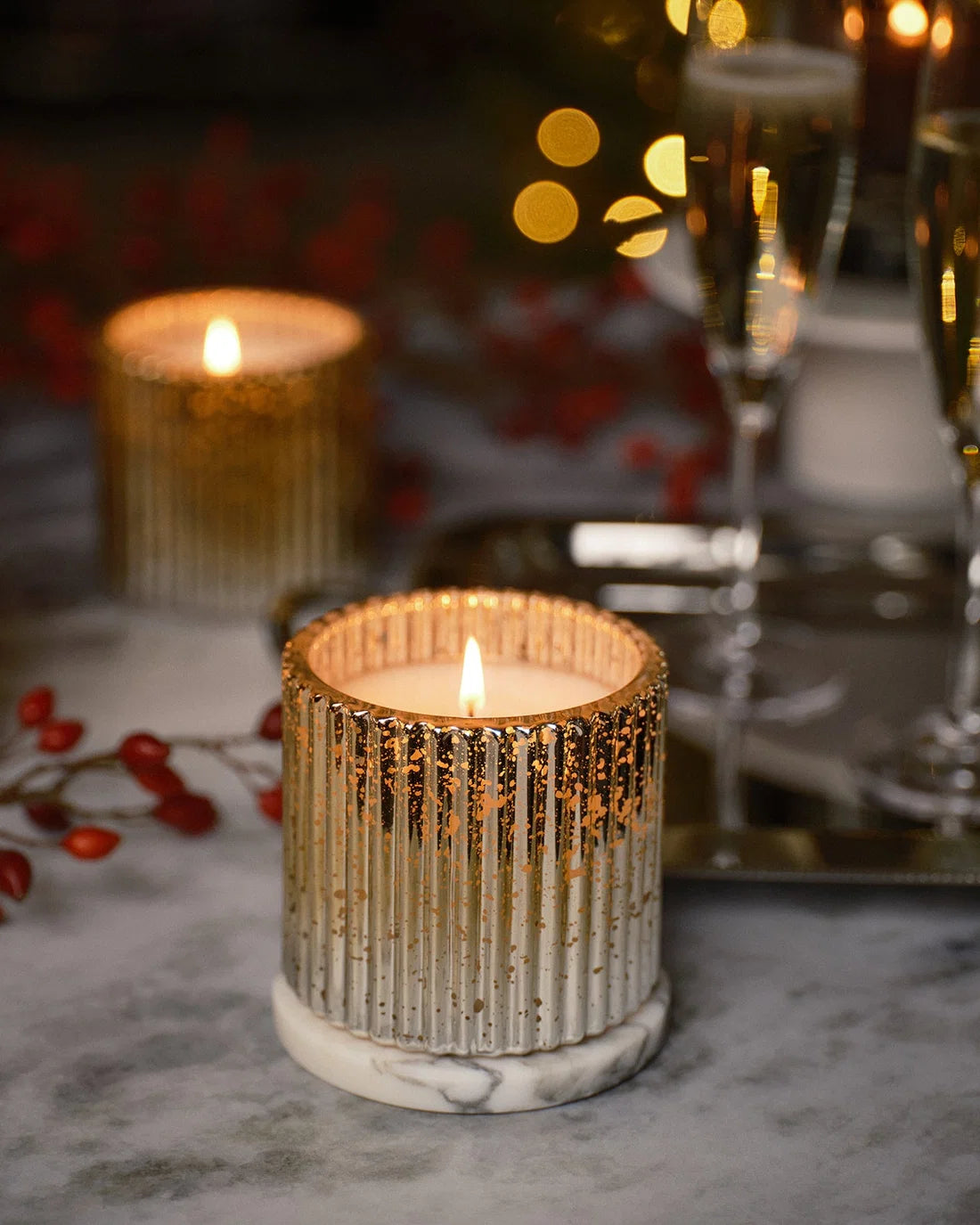 Holiday Champagne Plaid Ribbed Glass Candle