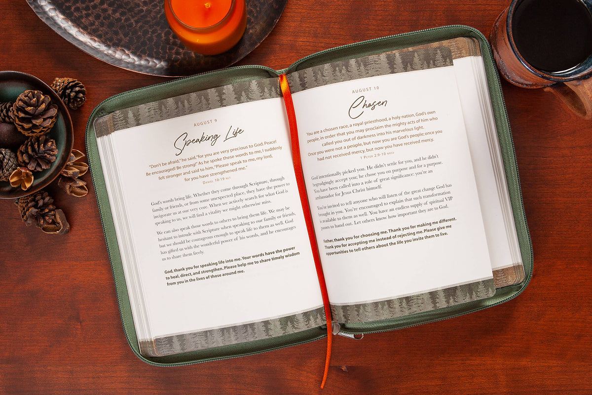 Open book with a green leather cover on a wooden surface, surrounded by decorative items.