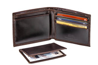 Brown leather wallet with card slots on a white background