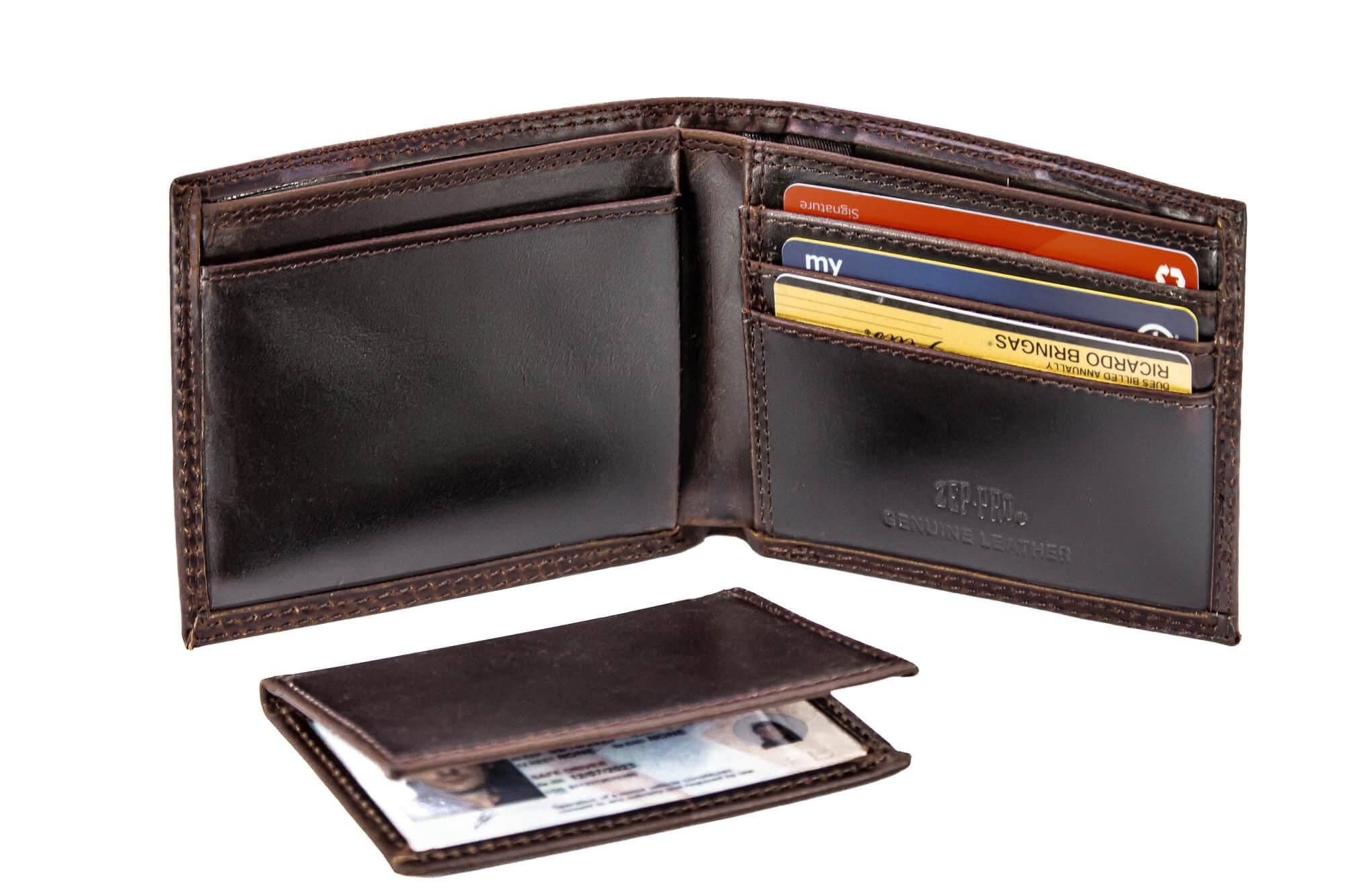 Brown leather wallet with card slots on a white background