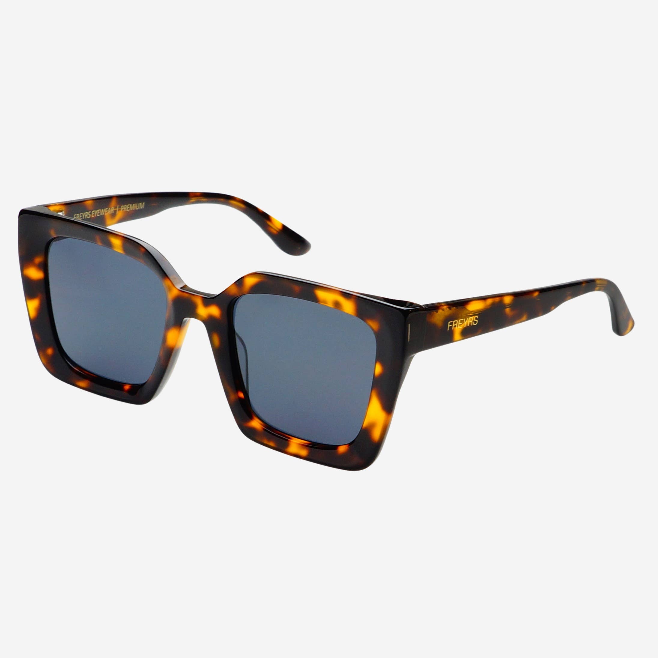 Sunglasses with tortoiseshell frame and dark lenses on a white background
