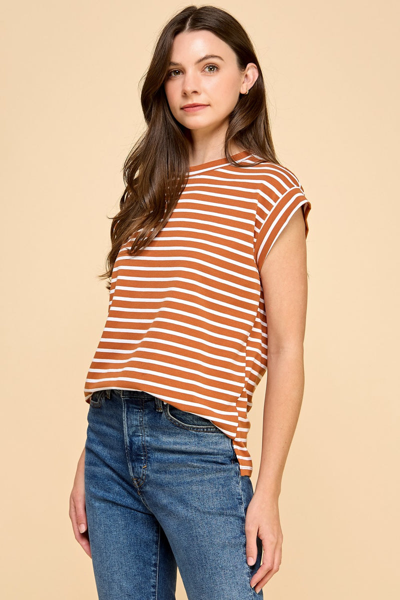 Basic Striped Top In White Taupe