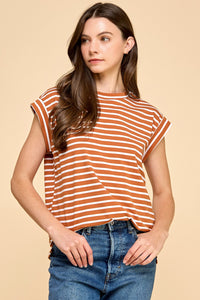 Basic Striped Top In White Taupe