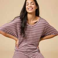 Dream Relaxed V-neck with Capri Lounge Set-Driftwood Stripe
