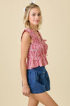 Gingham Double Tie Smocked Top W/ Ruffles